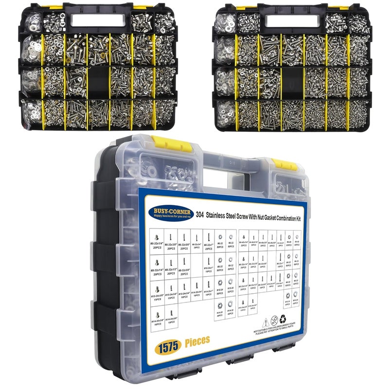 BUSY-CORNER 1575 PCS Nuts and Bolts Assortment Kit, Stainless Steel Phillips Pan Head & Flat Head Screws, Assorted Nuts Bolts Washers with Double Sided Organizer Box - Image 2